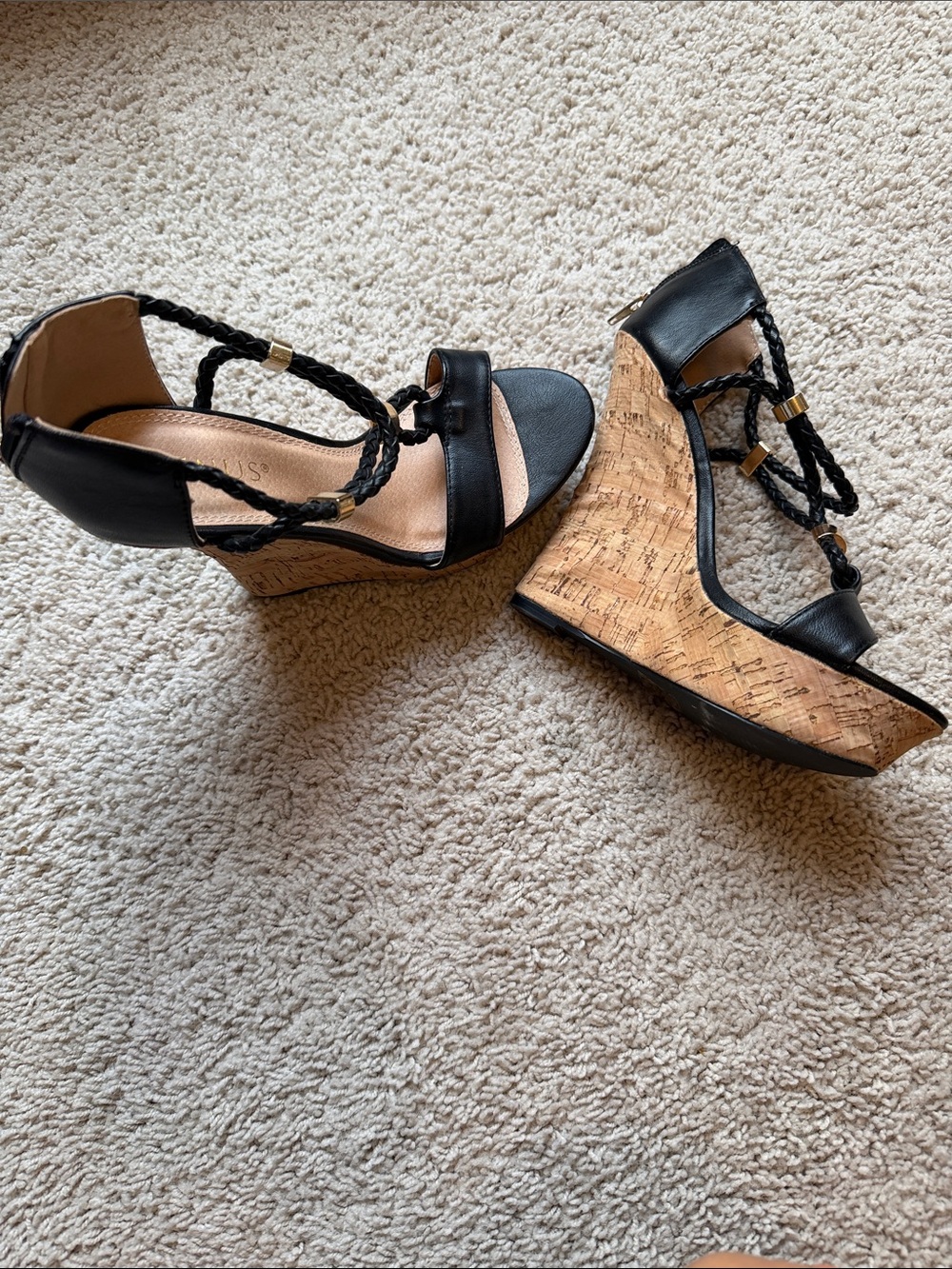 VENUS Black Braided Ankle Cork Wedge Sandals